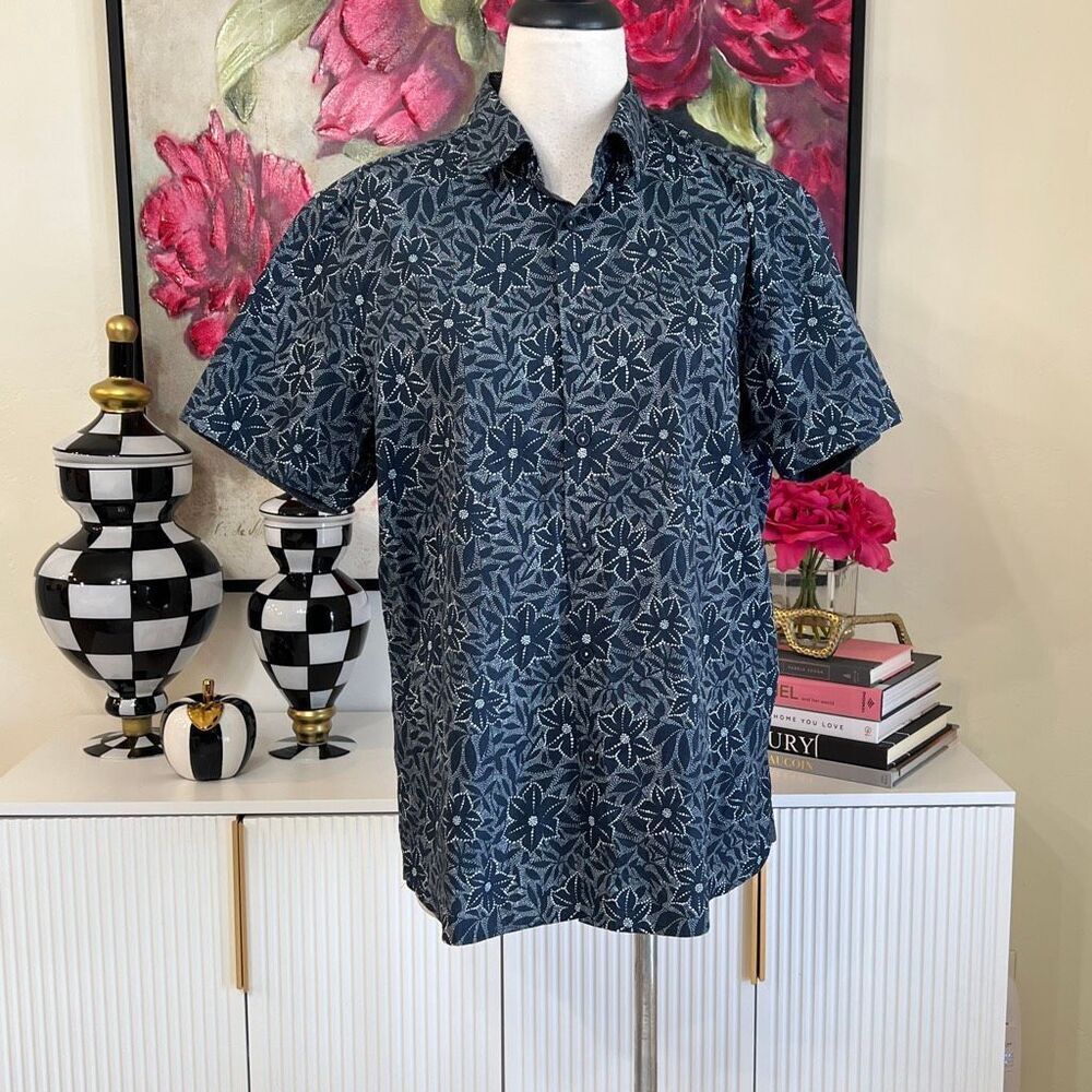 Ted Baker Women's Floral Cotton Short Sleeve Button-Up Shirt Navy White Size 4